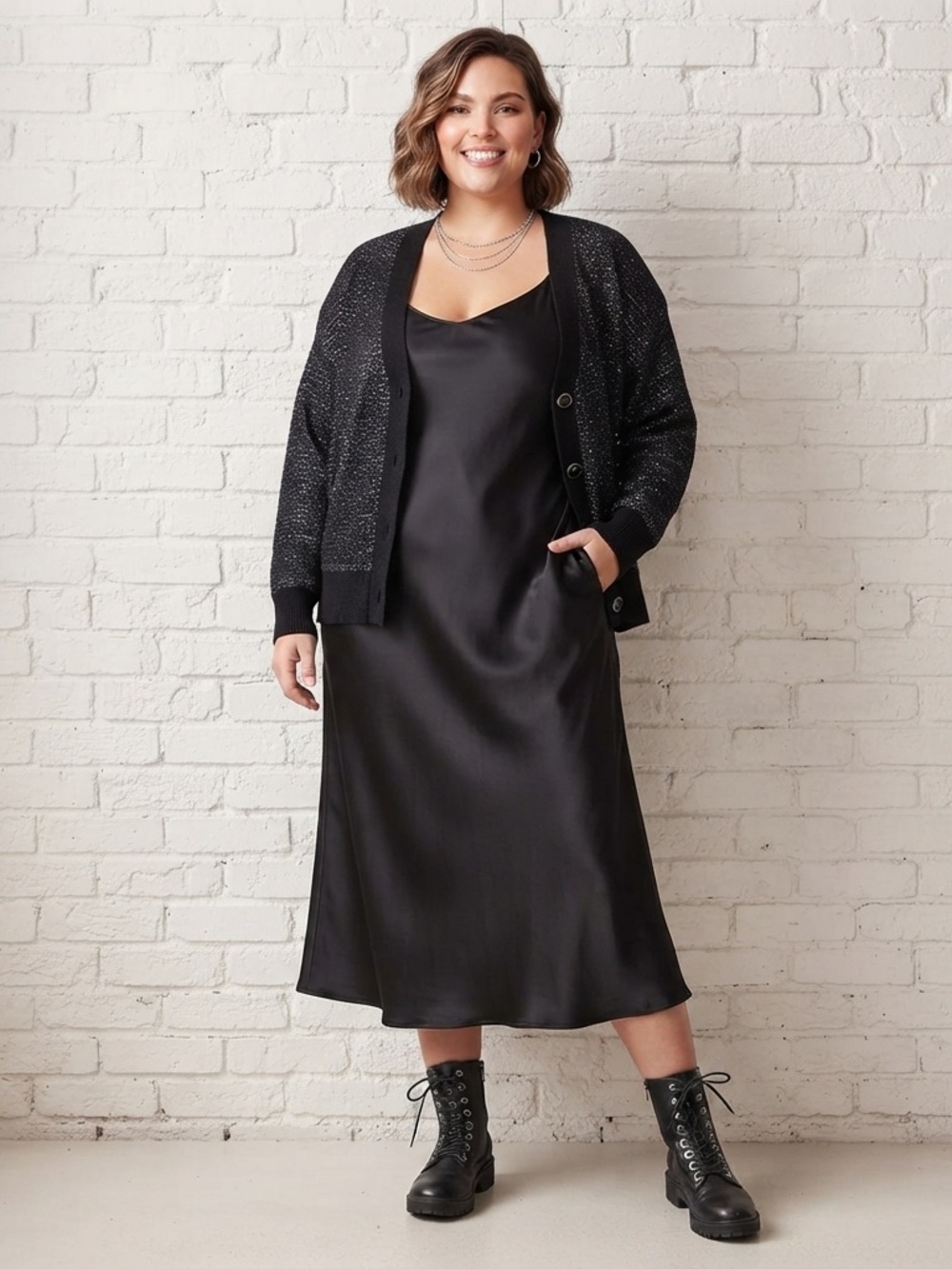 Black Silver Shimmer Knit V-Neck Button Cardigan Metallic 3X